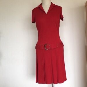 Vintage ABS Allen Schwartz red drop waist dress, knit fabric, short sleeves, S
